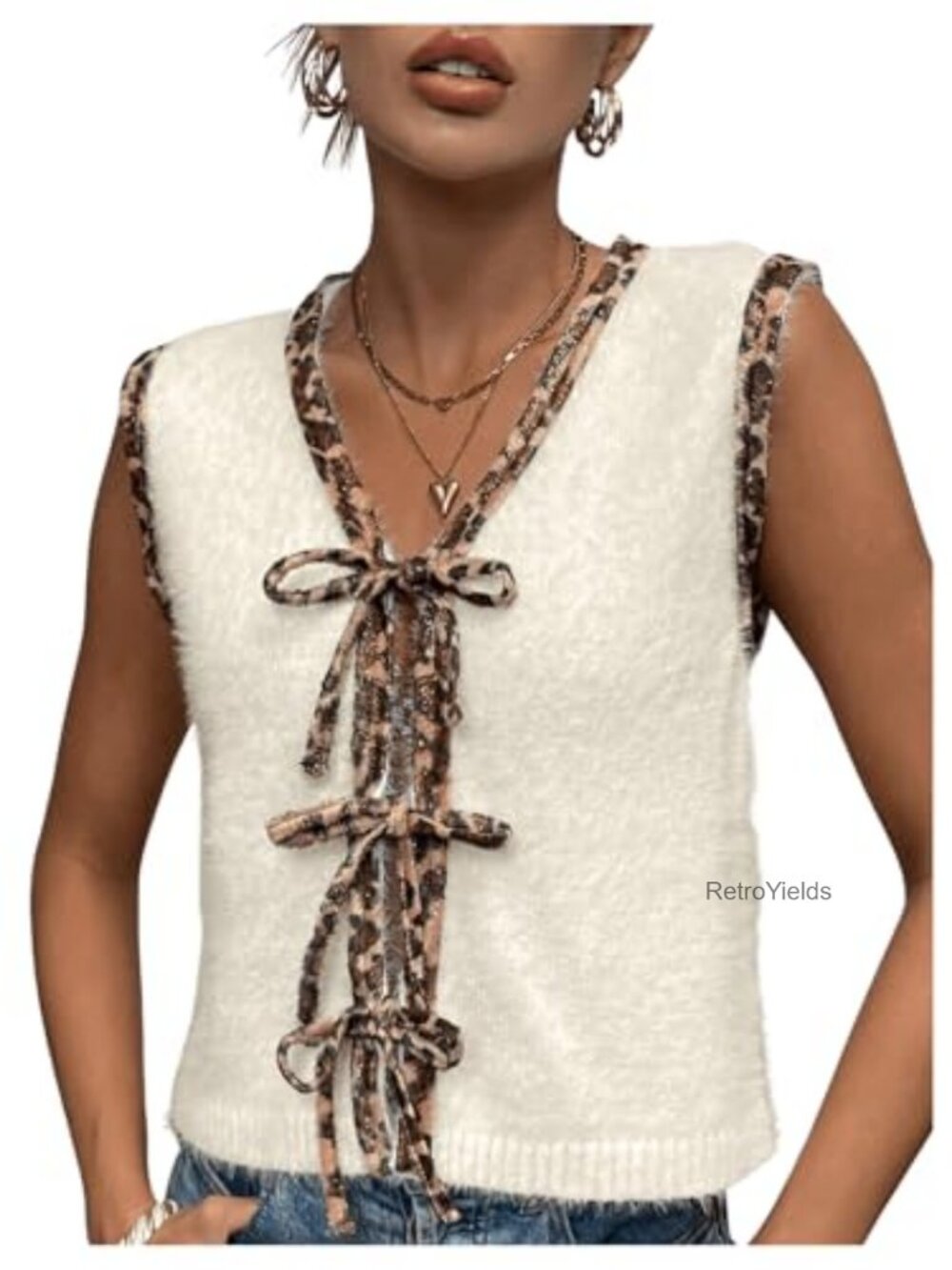 Sleeveless Bow Tie Front Sweater Vest Leopard Print Soft Knit Cardigan